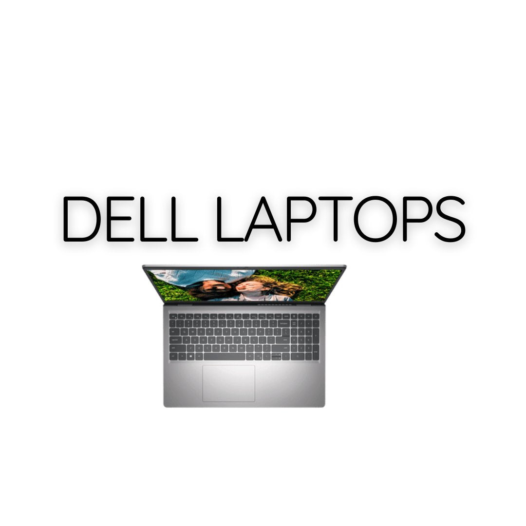 Collection image showing text DELL LAPTOPS above a silver open LAPTOP with nature wallpaper on screen