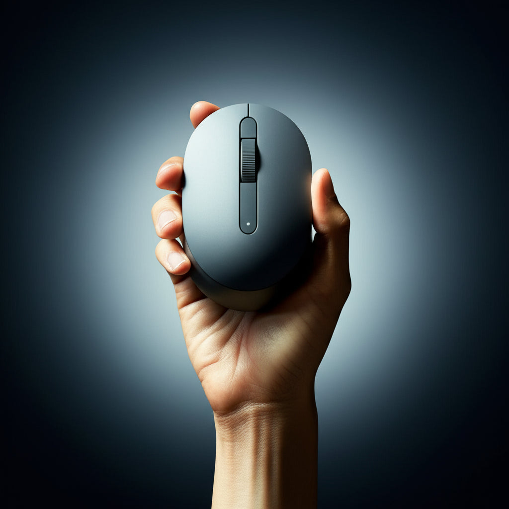 Hand holding a sleek gray Dell mouse top view with scroll wheel ergonomic design best wireless mouse under 500