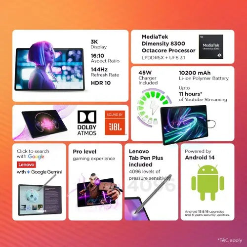 Lenovo Idea Tab with Pen 5G + Wi-Fi, 11-inch 2.5K 500-nit display, 8GB RAM, 256GB ROM, MediaTek Dimensity 6300, Android 15