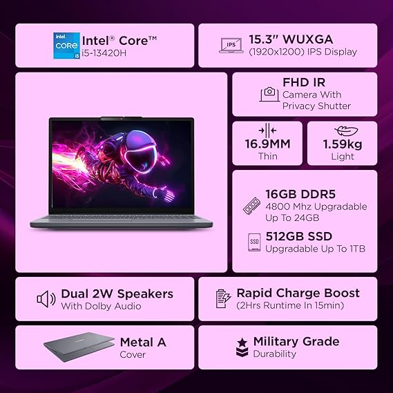Lenovo IdeaPad Slim 3i | Intel Core i5-13420H | 16GB DDR5 | 512GB SSD |(83K00B8IN) Windows 11 | MS Office 2024 | 15.3" FHD 300 nits | 1YR ADP Warranty