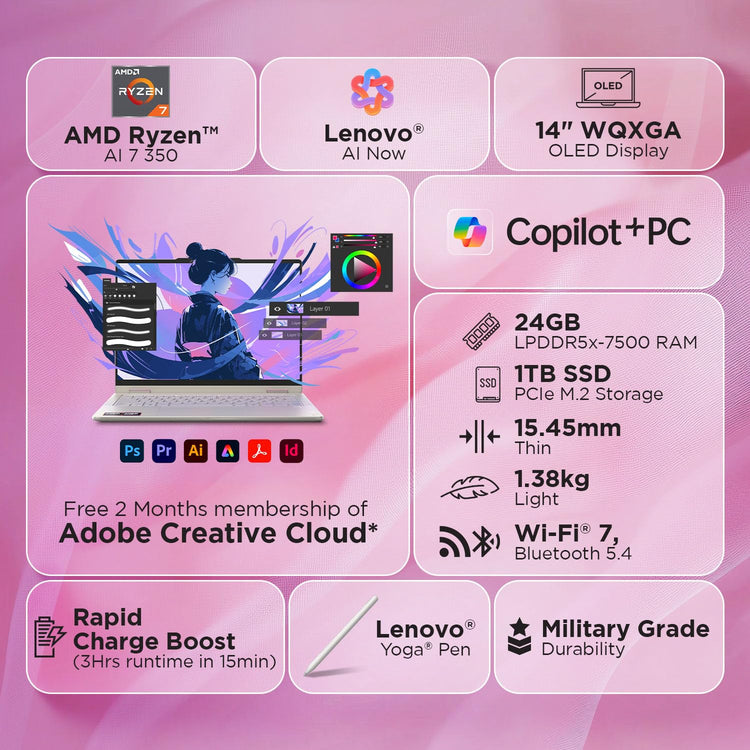Lenovo Yoga 7i 2-in-1 AMD Ryzen 7 350 AI | 24GB RAM | 1TB SSD | 14" OLED ARC GPU |(83JR001EIN) Windows 11 + MS Office 2024 | 1 Year ADP