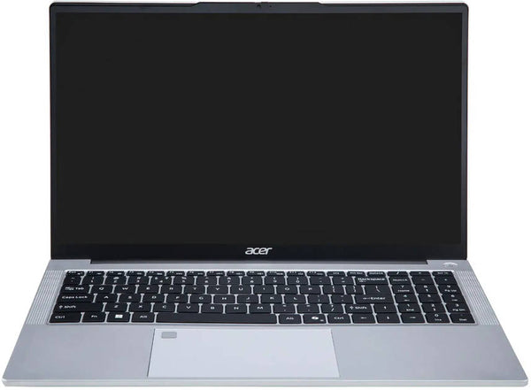 Acer TravelLite i3 laptop with silver body and black keyboard showing blank screen