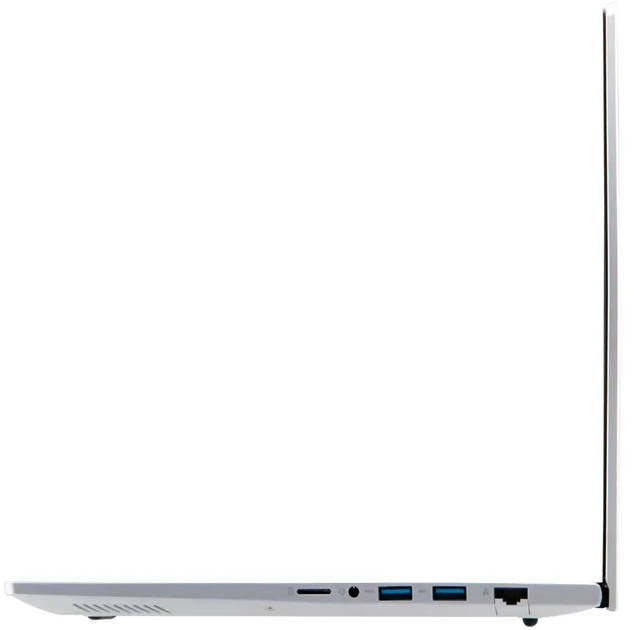 Side view of slim silver Acer TravelLite i3 laptop showing USB ports and Ethernet jack