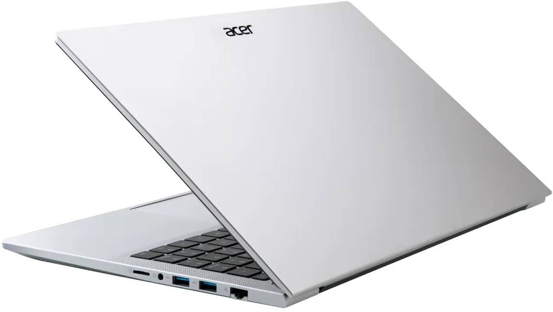Silver Acer TravelLite i3 laptop partially open showing slim design and keyboard