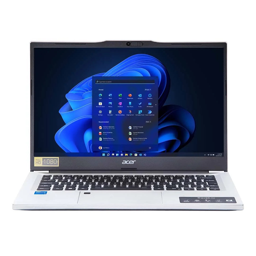 Acer TravelLite TL14-52M laptop open with Windows 11 home screen on display