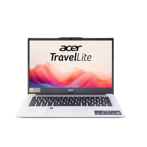 Acer TravelLite TL14-52M laptop with slim silver design and vibrant display screen
