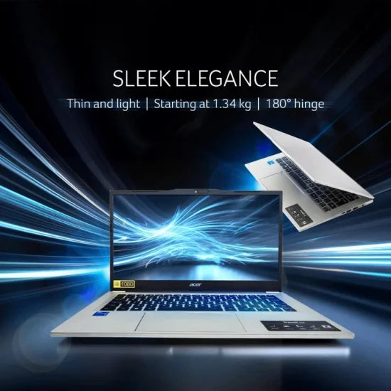 Acer TravelLite TL14-52M laptop shown open and partially closed highlighting its sleek thin and light design with 180 degree hinge