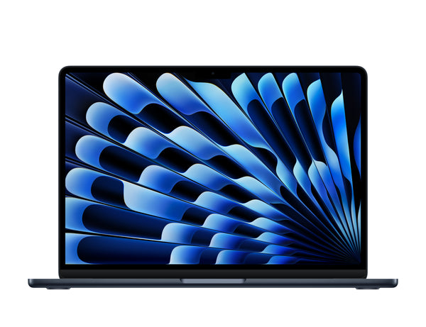 13 inch MacBook Air Midnight open with vibrant blue abstract wallpaper on screen