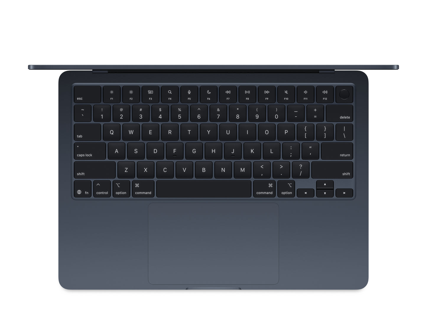 Top view of 13 inch MacBook Air Midnight with open keyboard and sleek design