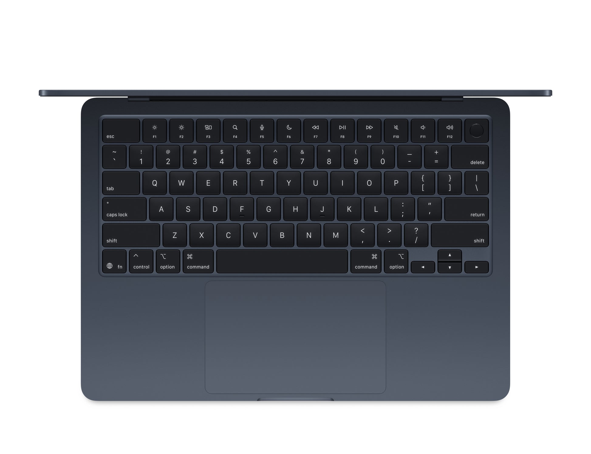 Top view of 13 inch MacBook Air Midnight with open keyboard and sleek design