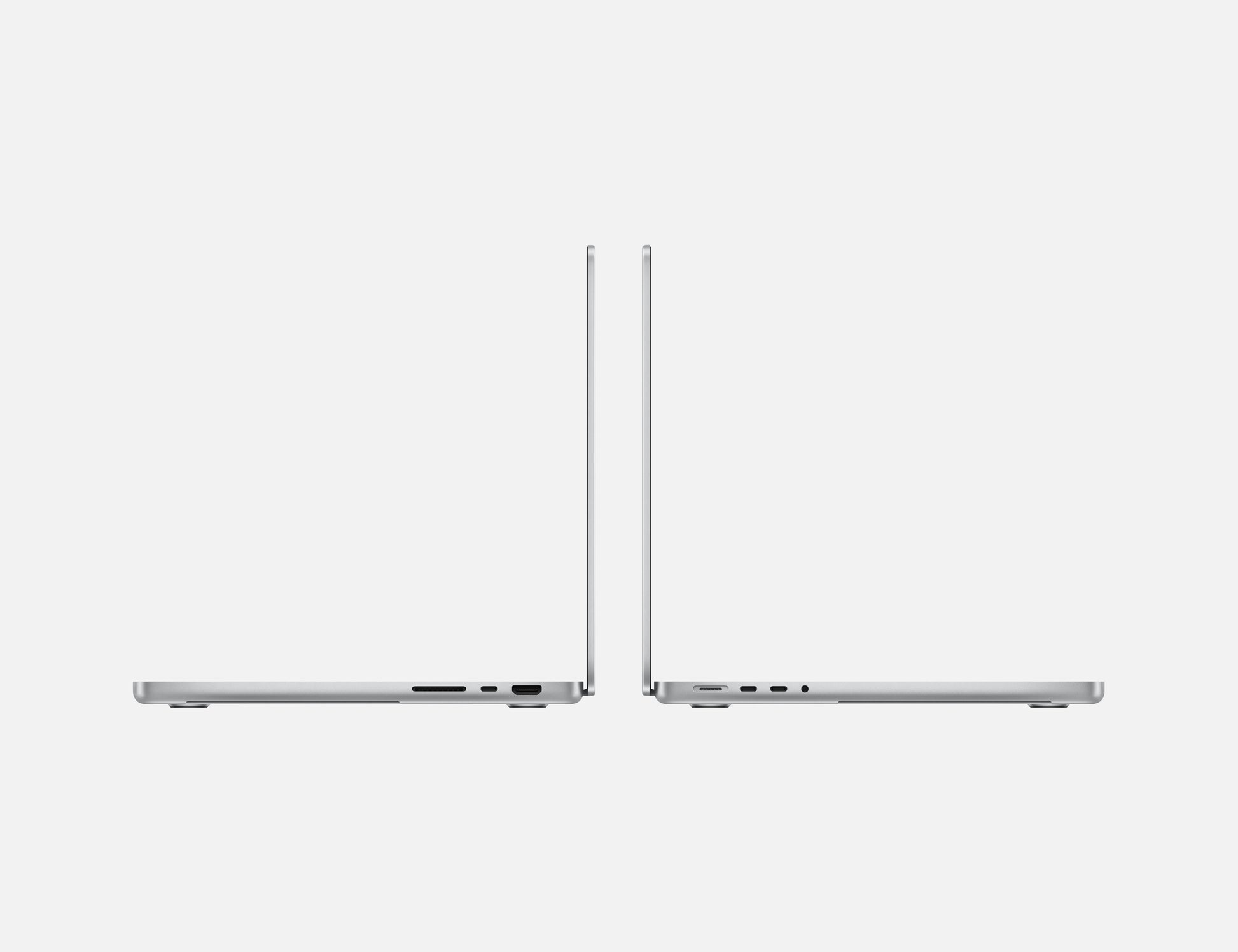 Two side views of Apple 14-inch MacBook Pro M4 laptops showing slim profile and ports
