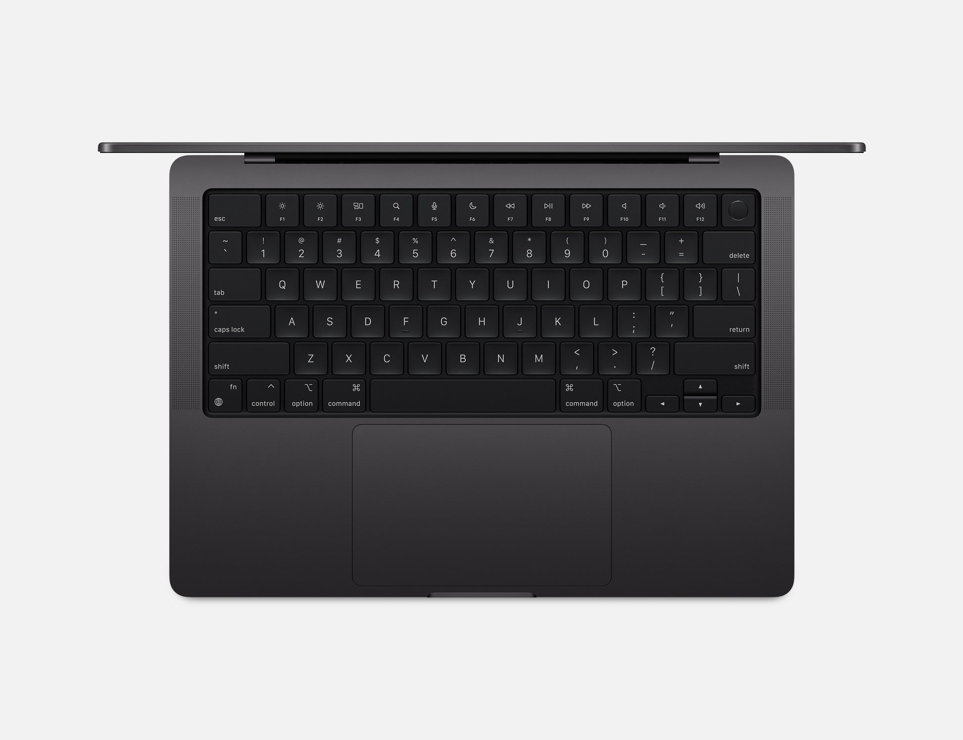 Top view of Apple 14-inch MacBook Pro M4 laptop keyboard and trackpad in space gray