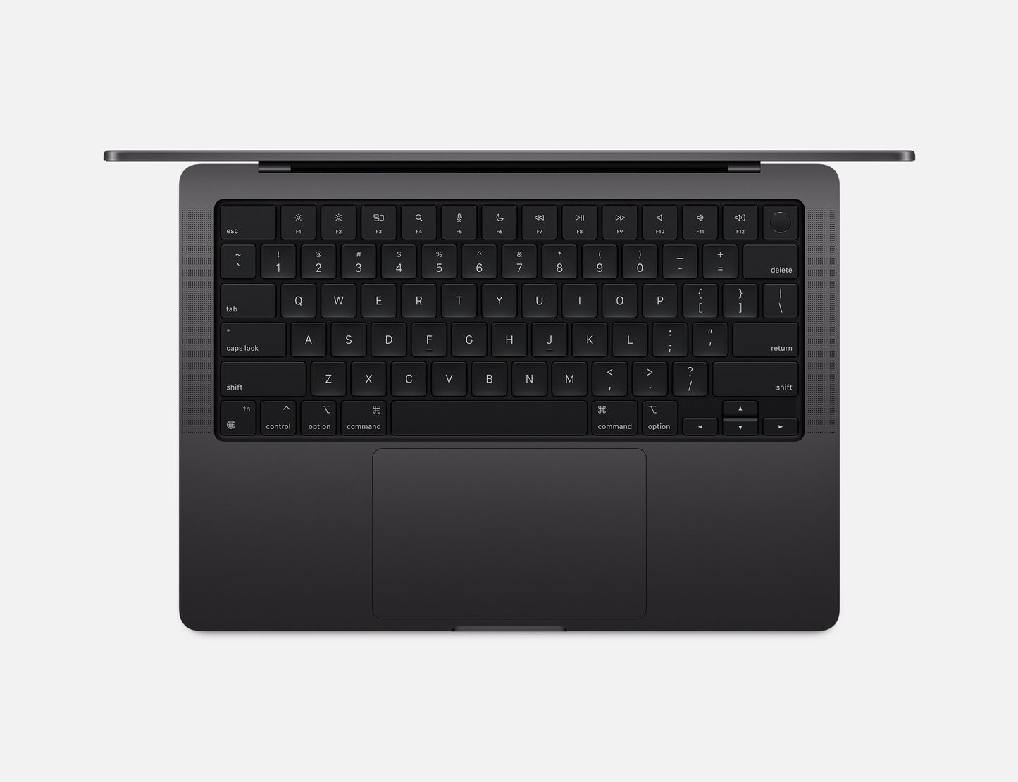 14 inch MacBook Pro Space Black top view showing keyboard and trackpad layout