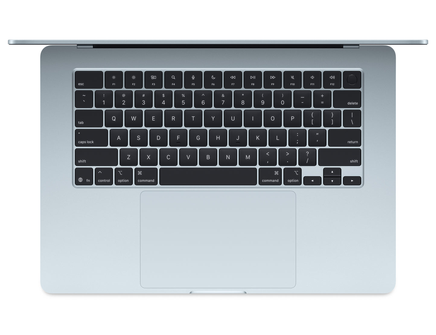 Top view of Apple 15-inch MacBook Air M4 Sky Blue keyboard and trackpad in open position