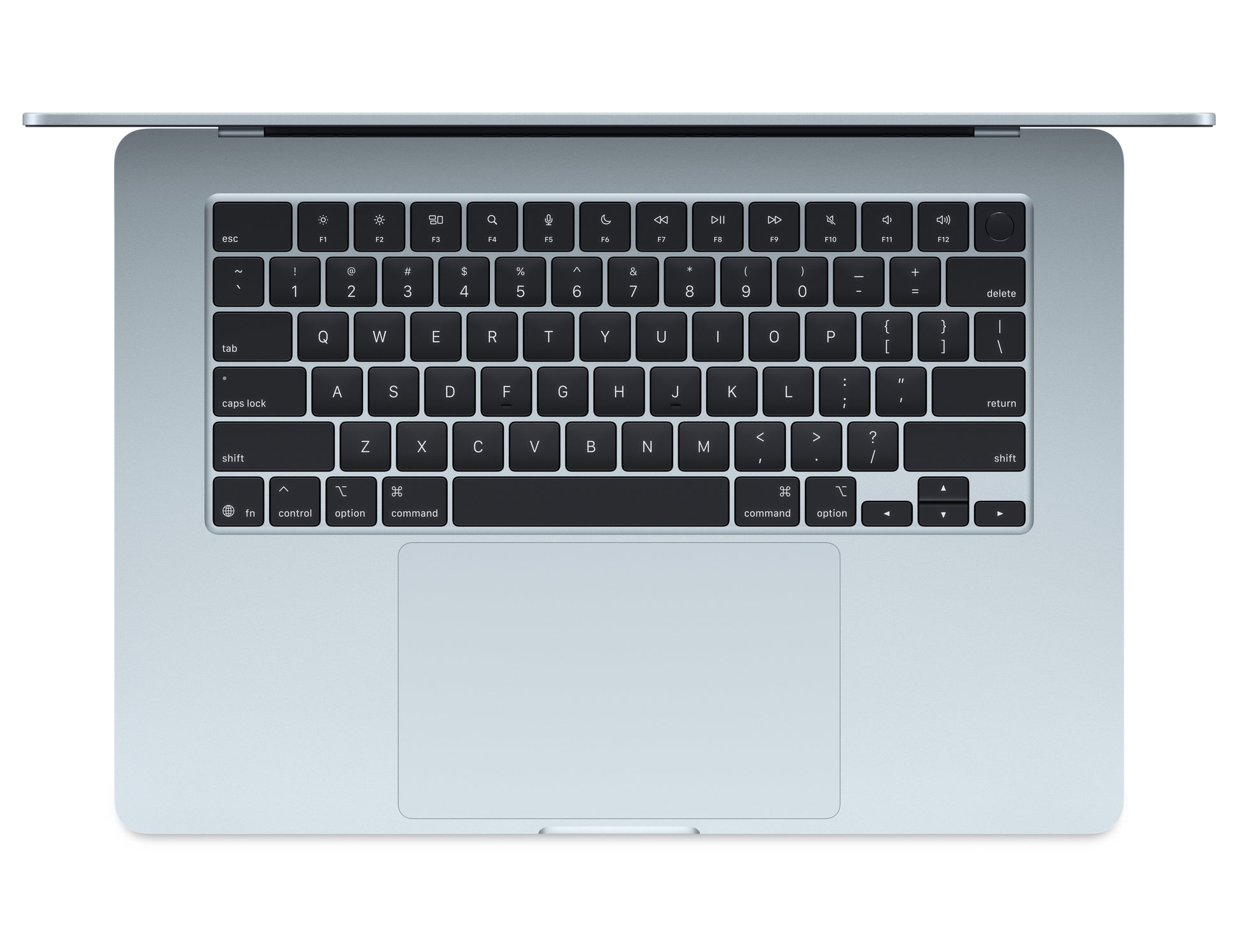 Top view of Apple 15-inch MacBook Air M4 Sky Blue keyboard and trackpad in open position