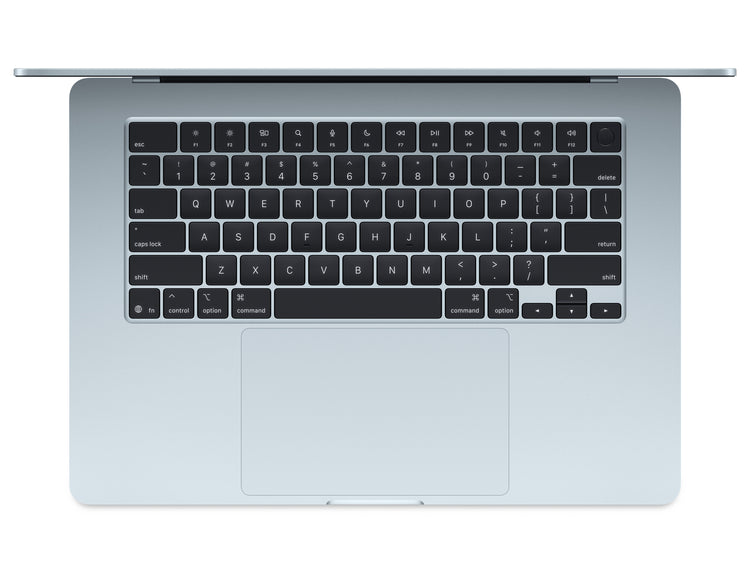 Top view of Apple 15-inch MacBook Air M4 Sky Blue keyboard and trackpad in open position