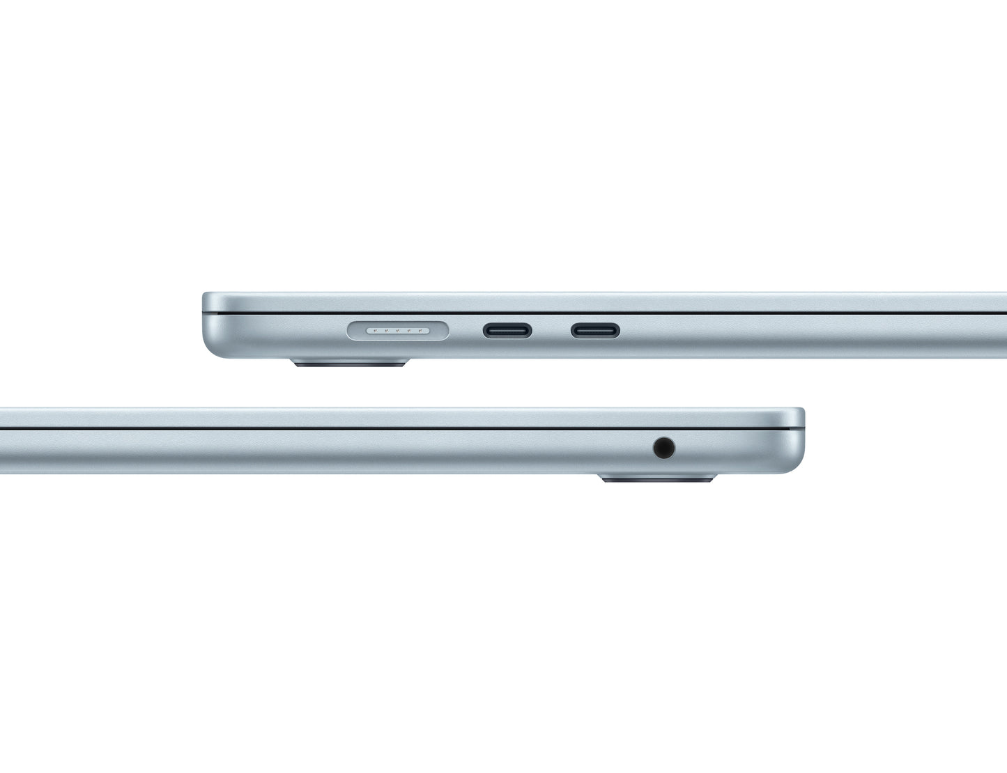 Side views of Apple 15-inch MacBook Air M4 Sky Blue showing charging ports and headphone jack