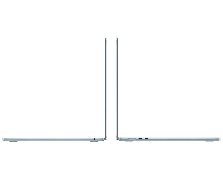 Side view of Apple 15-inch MacBook Air M4 Sky Blue laptop open showing slim design and ports