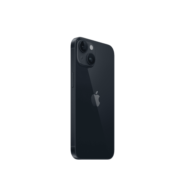 Apple iPhone 14 128GB Midnight showing rear dual cameras and sleek design on black background