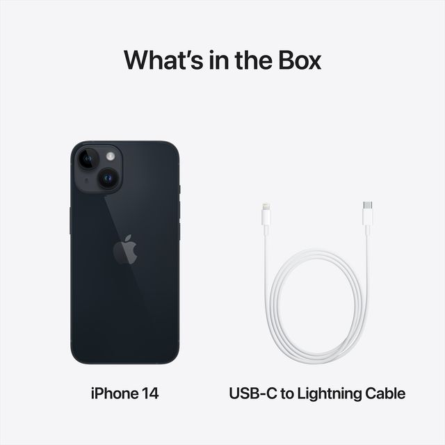 Apple iPhone 14 128GB Midnight with USB-C to Lightning cable showing what's included in the box