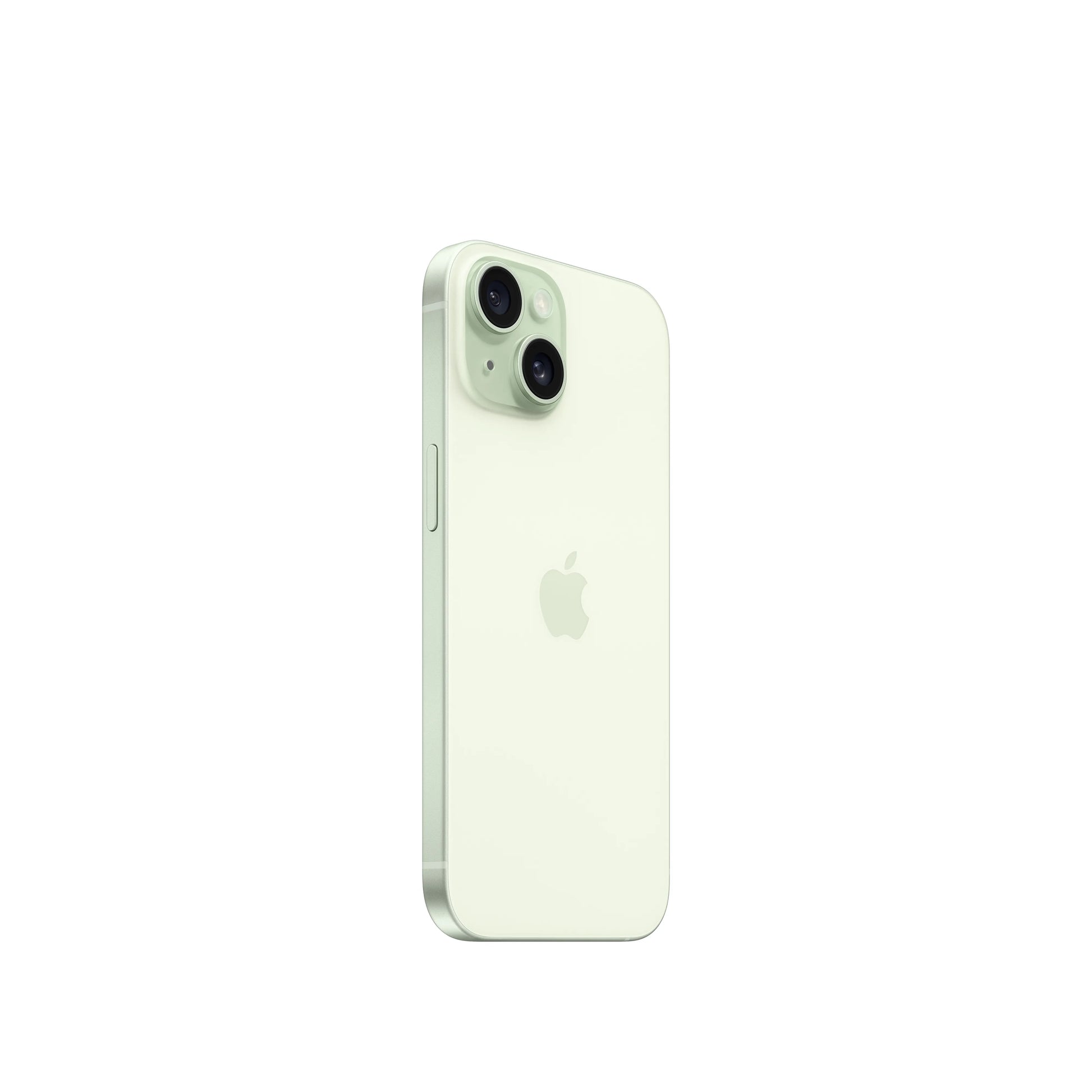 Apple iPhone 15 in light green showing the back view with dual cameras and sleek design
