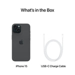 Apple iPhone 15 Black 128GB with USB-C charge cable showing back and cable contents