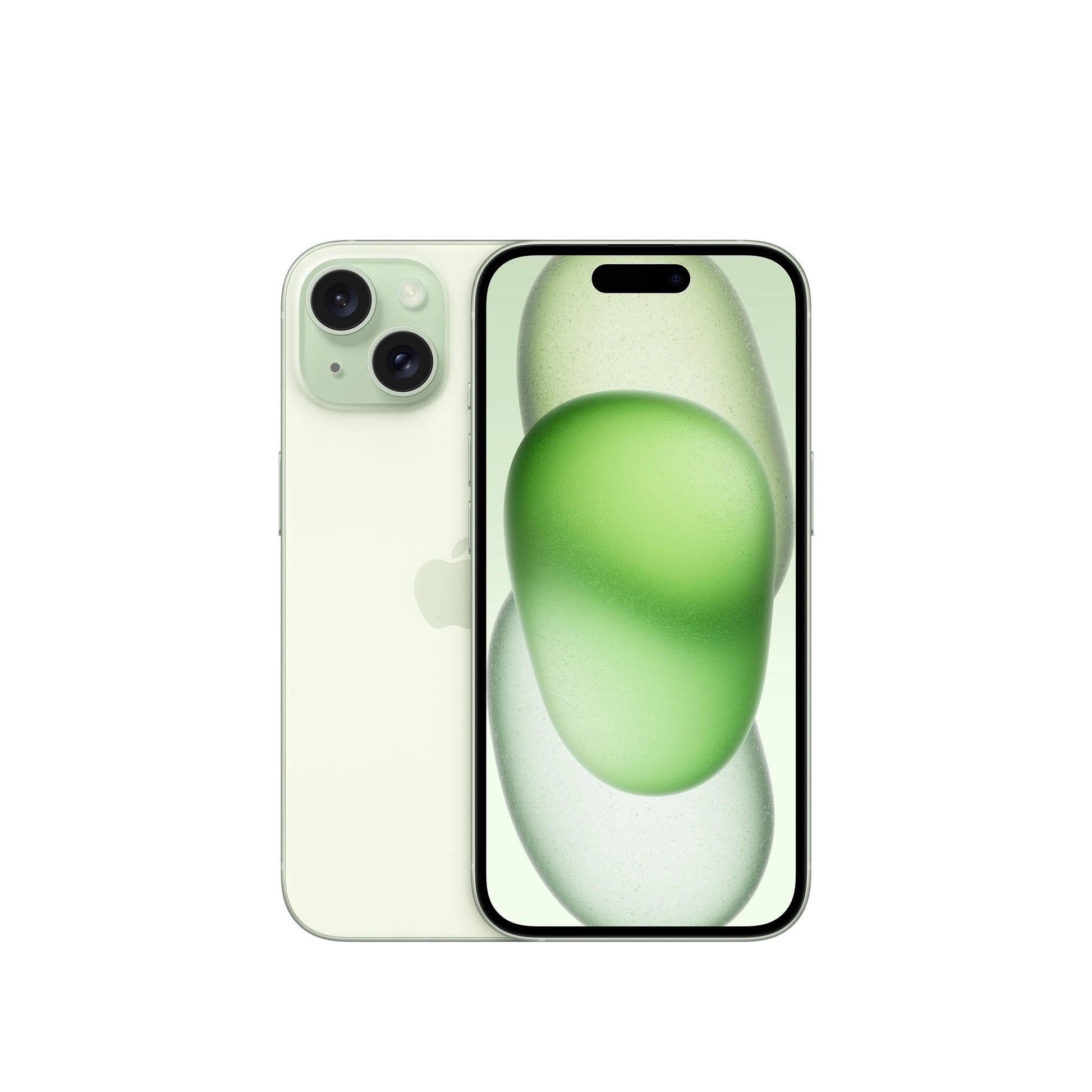 Apple iPhone 15 in green showing front display and dual rear cameras with sleek design