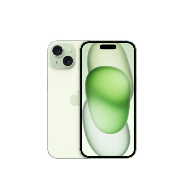 Apple iPhone 15 in green showing front display and dual rear cameras with sleek design