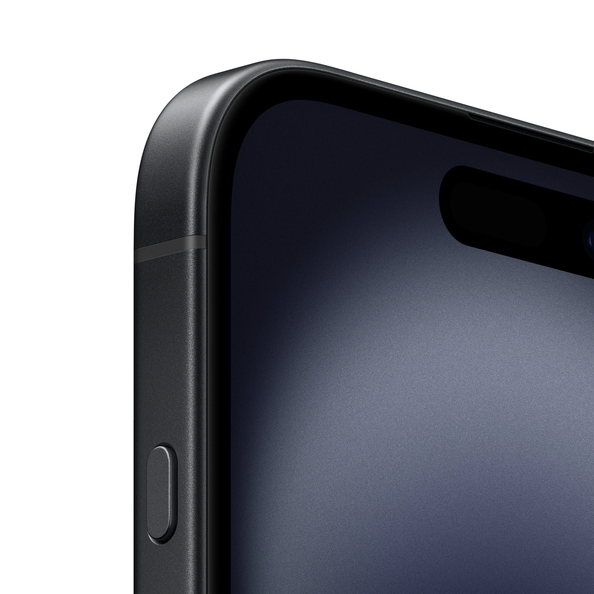 Close-up of Apple iPhone 16 128GB black showing side button and edge of display