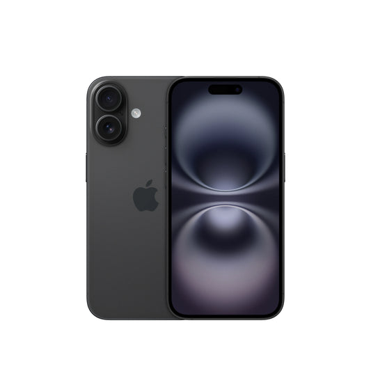Apple iPhone 16 128GB black showing front display and dual rear cameras