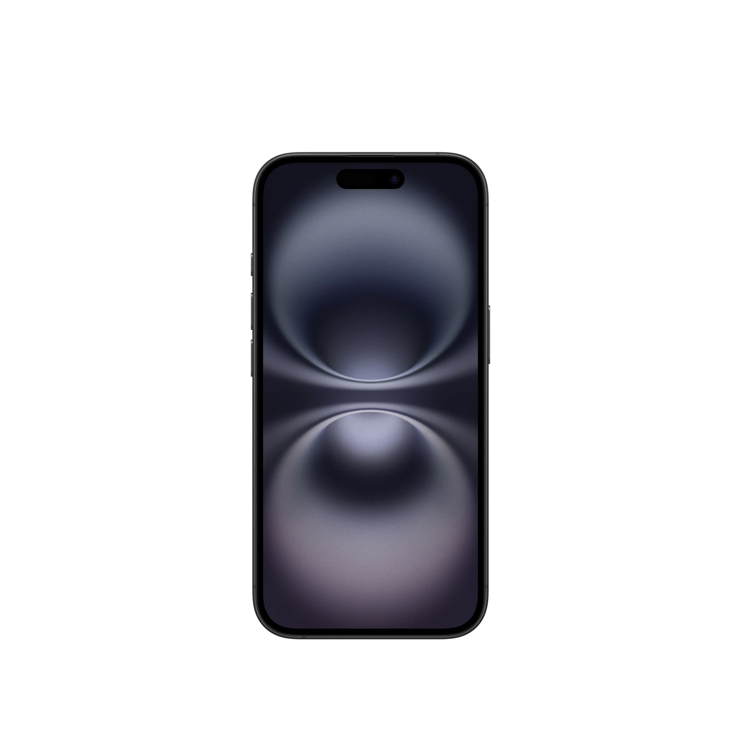 Apple iPhone 16 128GB black front view with dark abstract wallpaper on screen