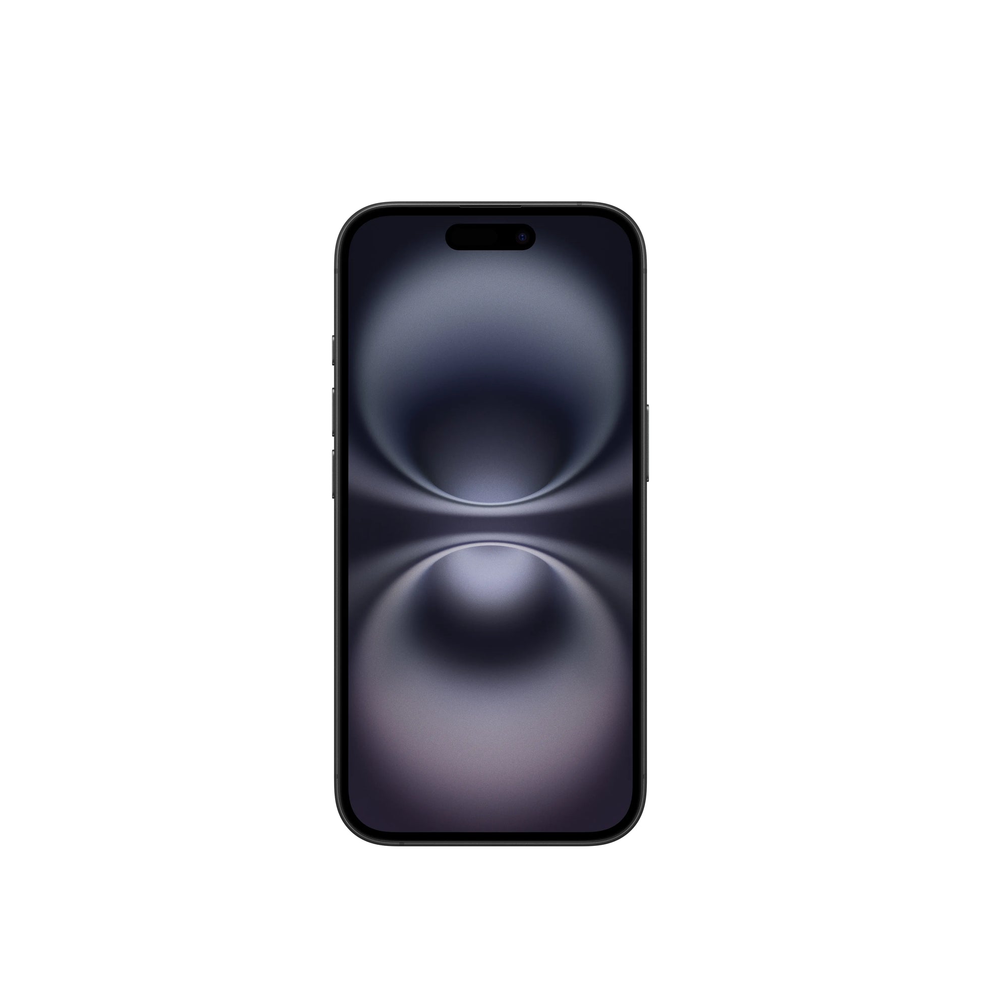 Apple iPhone 16 128GB black front view with dark abstract wallpaper on screen