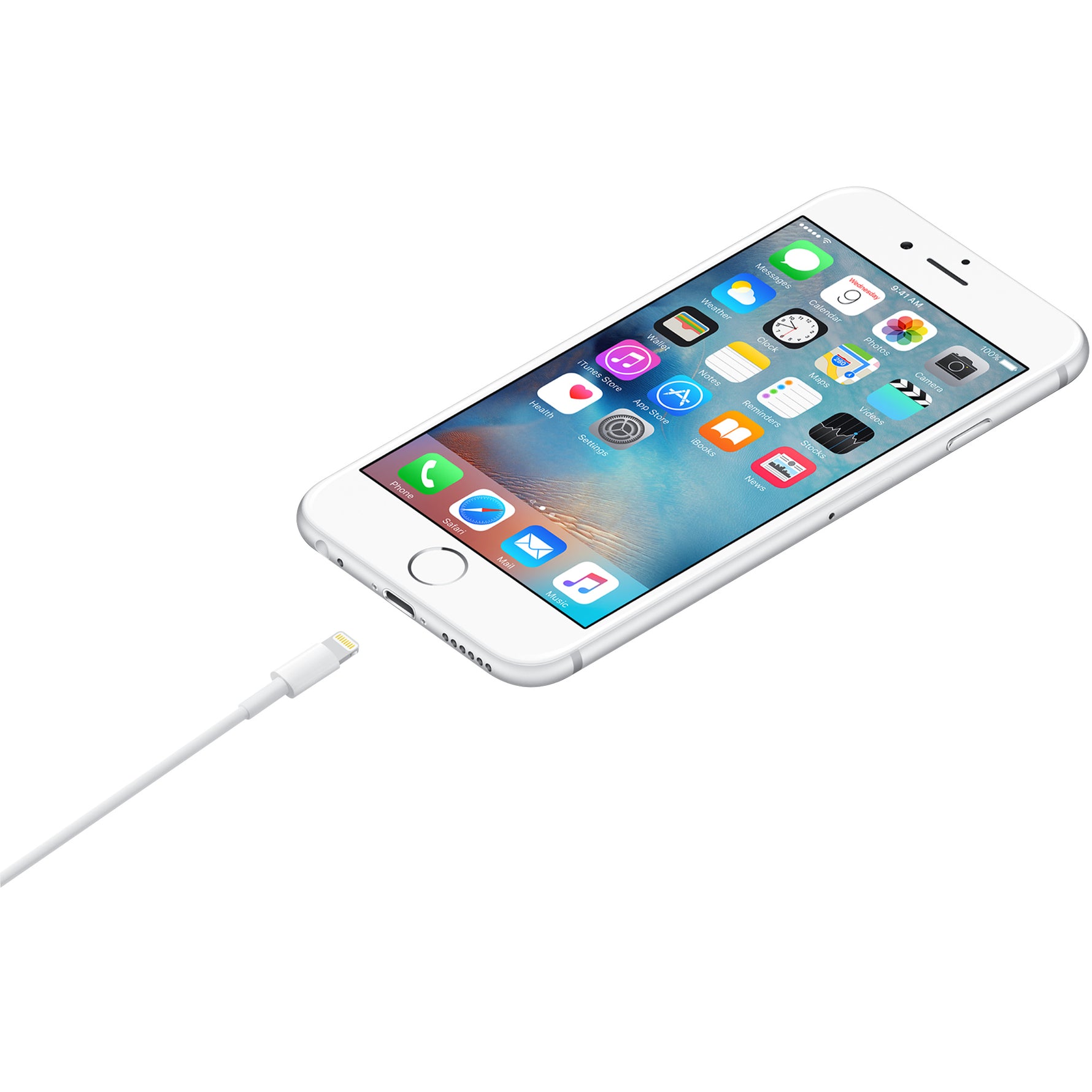 Apple lightning to USB cable 1m plugged into a white iPhone showing home screen apps