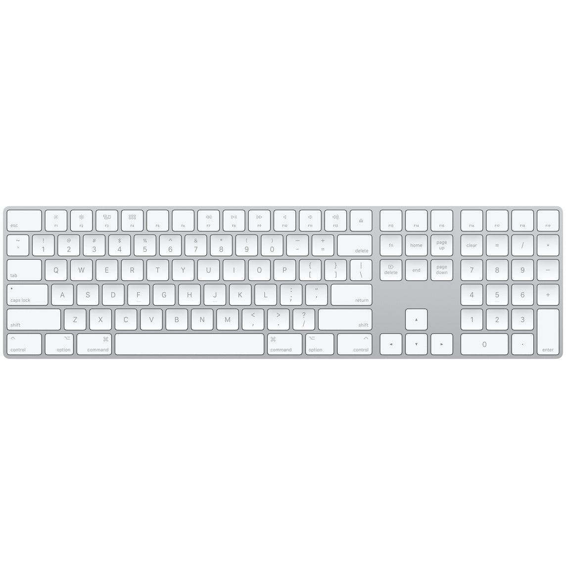 Apple Magic Keyboard with numeric keypad in silver with white keys and full layout
