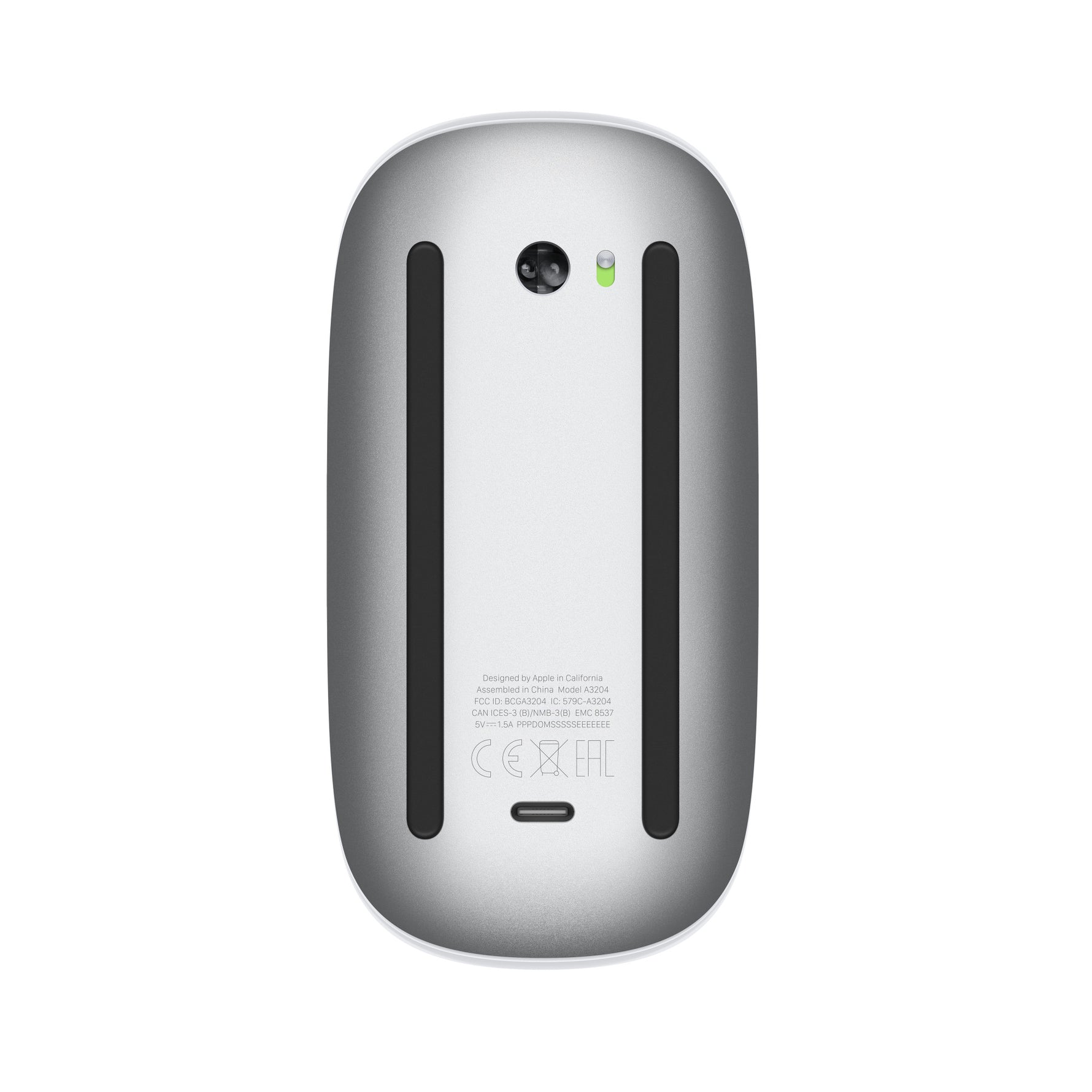 Bottom view of Apple USB-C Magic Mouse showing sensor and glide strips