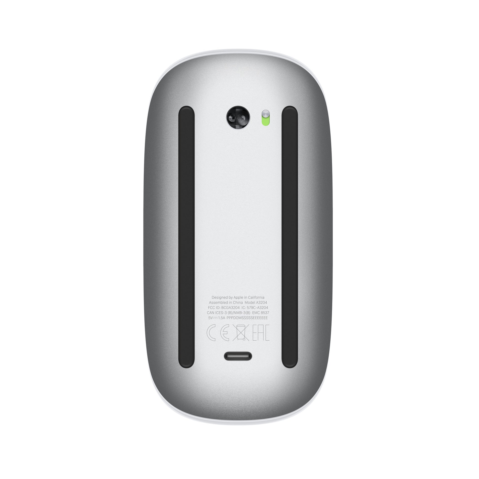 Bottom view of Apple USB-C Magic Mouse showing sensor and glide strips