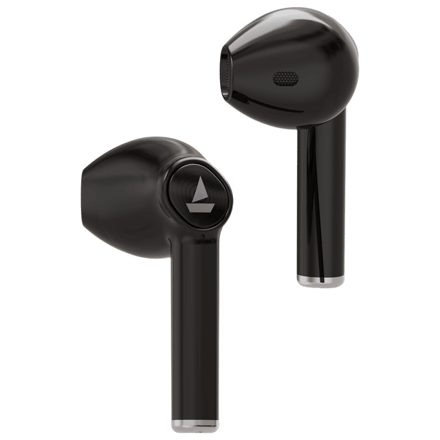 Black boAt Airdopes 138 earbuds with sleek stem design and built-in microphones