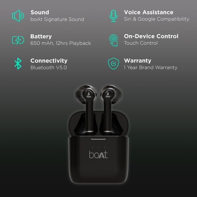 boAt Airdopes 138 earbuds in black with charging case and key features like Bluetooth and 12hr battery