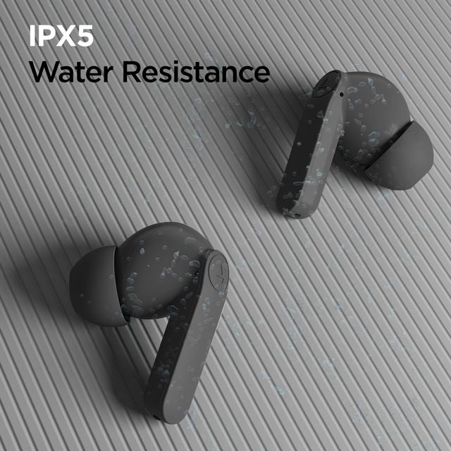boAt Airdopes 138 Pro black wireless earbuds with IPX5 water resistance droplets on a textured surface