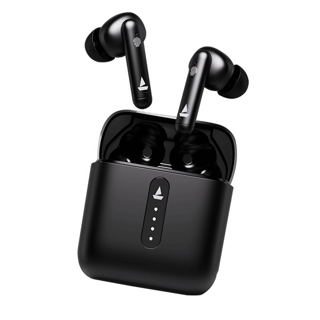 Black boAt Airdopes 148 earbuds with charging case and touch controls on a black background