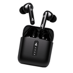 Black boAt Airdopes 148 earbuds with charging case and touch controls on a black background