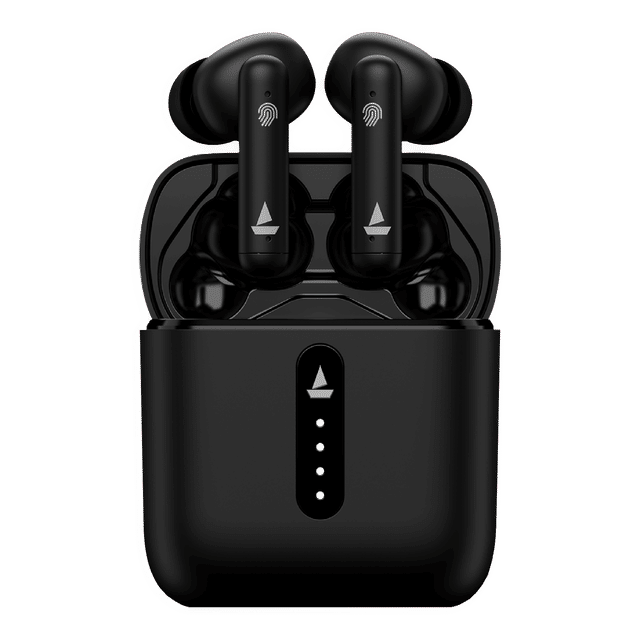 Black boAt Airdopes 148 earbuds in charging case with touch control and LED battery indicator