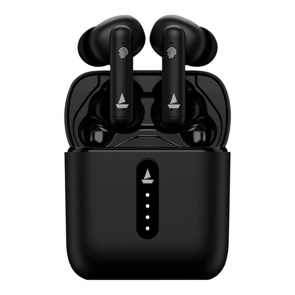 Black boAt Airdopes 148 earbuds in charging case with touch control and LED battery indicator