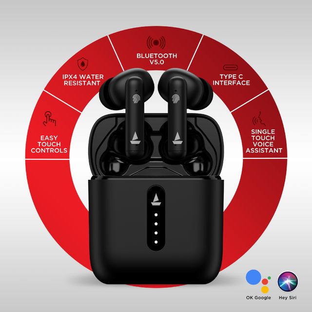 Black boAt Airdopes 148 earbuds with charging case showing Bluetooth v5.0 and touch controls