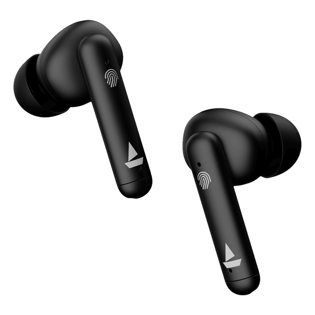 Black boAt Airdopes 148 earbuds with touch control and ergonomic in-ear design