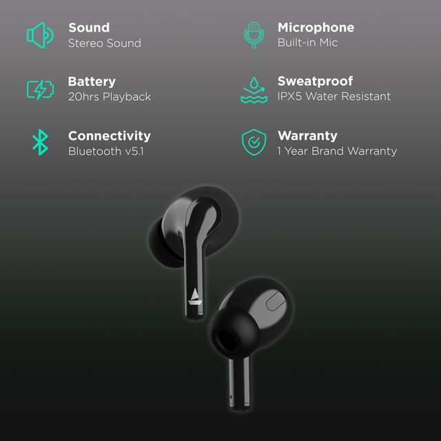boAt Airdopes 163 wireless earbuds black with stereo sound, built-in mic, IPX5 sweatproof, Bluetooth v5.1, 20-hour battery