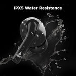 boAt Airdopes 163 wireless earbuds in black showing IPX5 water resistance with water splashes
