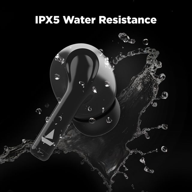 boAt Airdopes 163 wireless earbuds in black showing IPX5 water resistance with water splashes