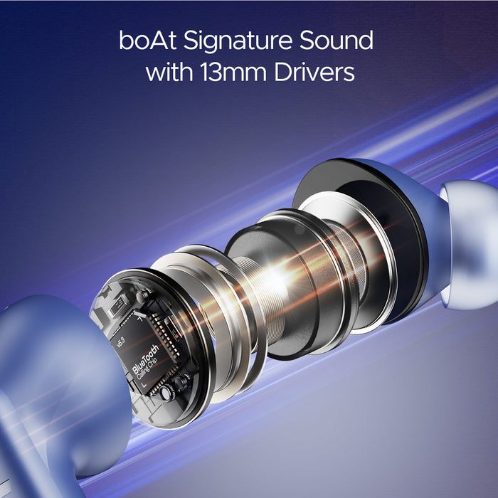 Close-up view of boAt Airdopes 170 wireless earbuds showing internal 13mm driver components and boAt signature sound technology