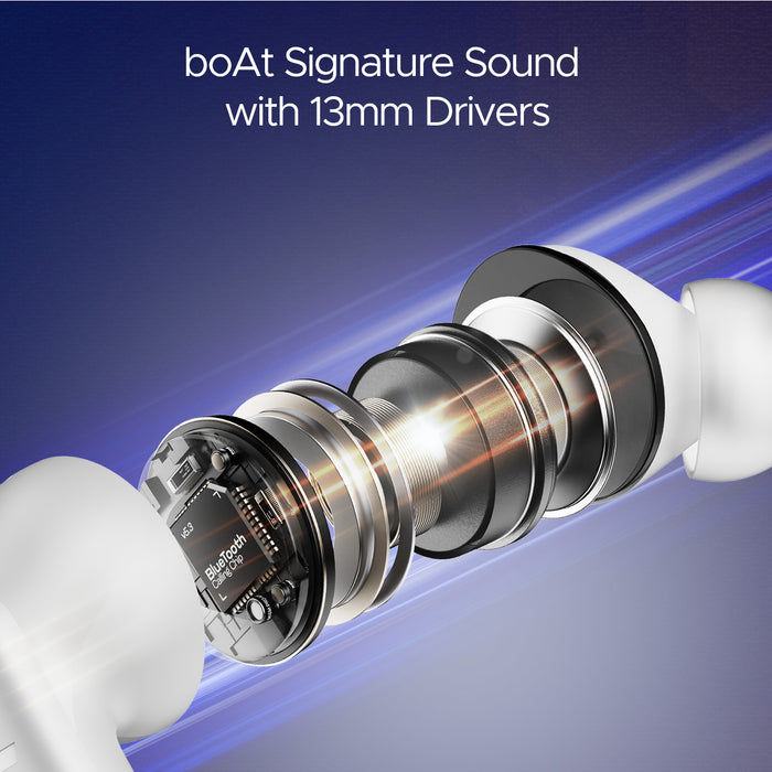 Close-up view of boAt Airdopes 170 wireless earbuds showing internal 13mm drivers and Bluetooth chip